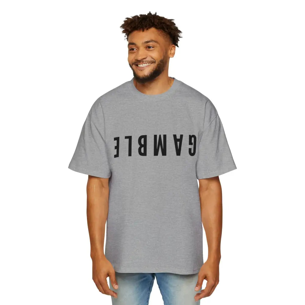 Gray Oversized men's poker t-shirt with "Long Walks in the Big Blind" quote on back in white text – funny poker gift idea for players.
Front: GAMBLE (Black Text)
