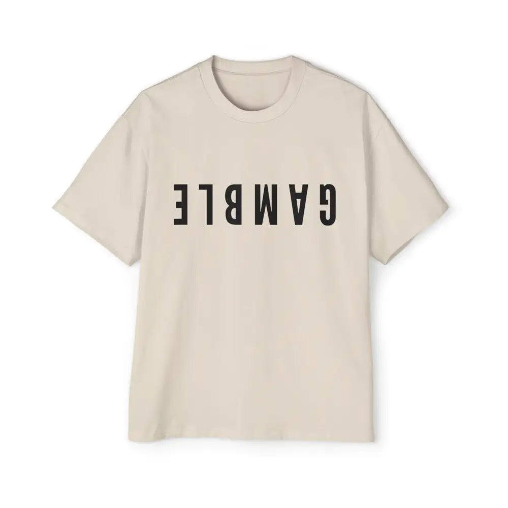 Tan Oversized men's poker t-shirt with "Long Walks in the Big Blind" quote on back – funny poker gift idea for players.
Front: GAMBLE