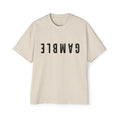 Tan Oversized men's poker t-shirt with "Long Walks in the Big Blind" quote on back – funny poker gift idea for players.
Front: GAMBLE