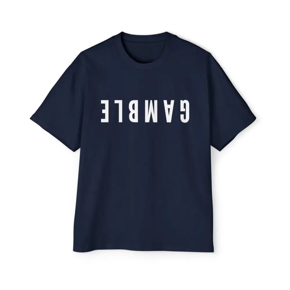 A blue oversized t-shirt with the word 'GAMBLE' printed in white letters on the front.