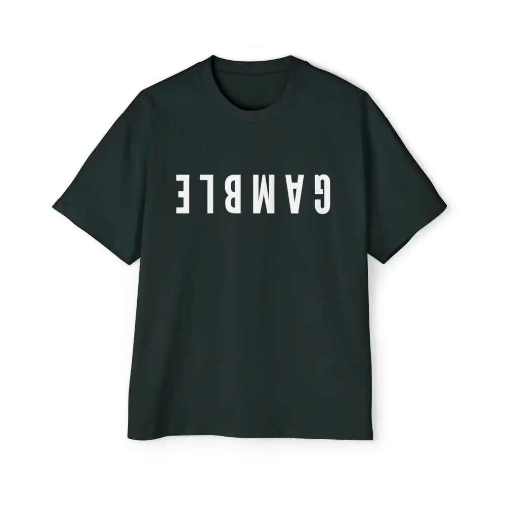 A green oversized t-shirt with the word 'GAMBLE' printed in white letters on the front.