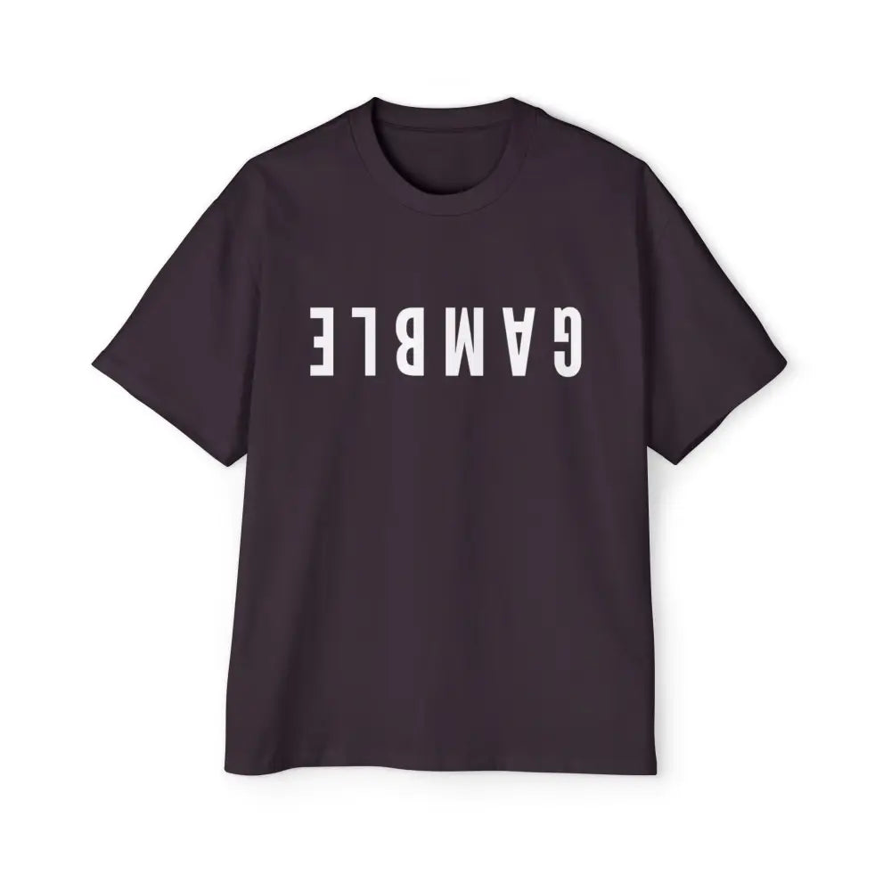 A purple oversized t-shirt with the word 'GAMBLE' printed in white letters on the front.
