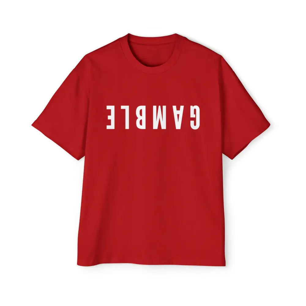A red oversized t-shirt with the word 'GAMBLE' printed in white letters on the front.