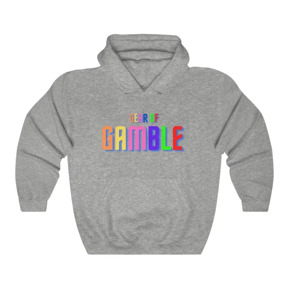 Gray poker hoodie featuring the bold Gear of Gamble logo on the front, crafted from a comfortable cotton blend perfect for poker players. Ideal poker clothing for those who want to show their passion for the game.