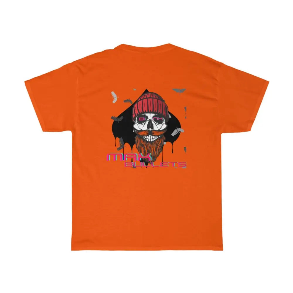 Detailed back design in orange of the GoG Max Bullets Poker T-Shirt, showcasing a skull with a beard wearing a beanie and the phrase ‘Max Bullets,’ representing the fearless mindset of a poker player. Ideal poker apparel for those who take risks and play to win