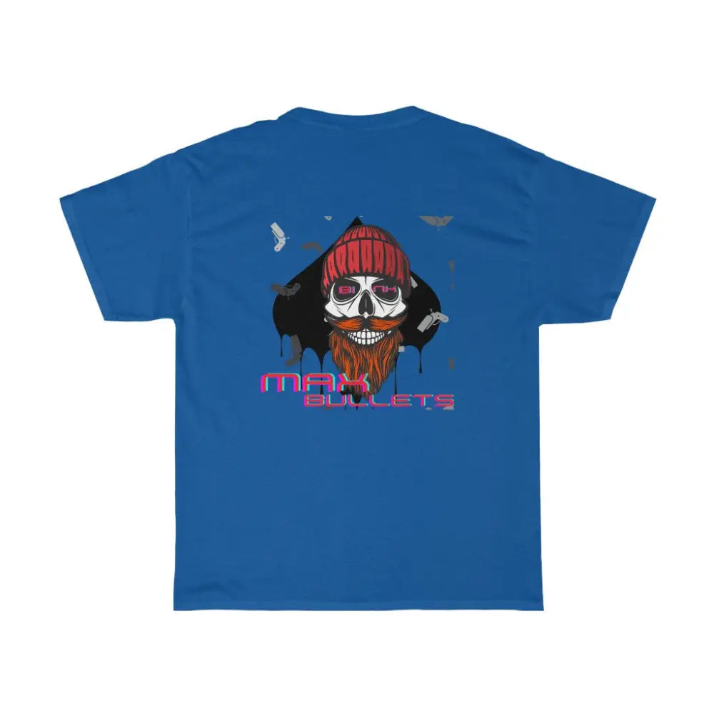 Detailed back design in dark blue of the GoG Max Bullets Poker T-Shirt, showcasing a skull with a beard wearing a beanie and the phrase ‘Max Bullets,’ representing the fearless mindset of a poker player. Ideal poker apparel for those who take risks and play to win
