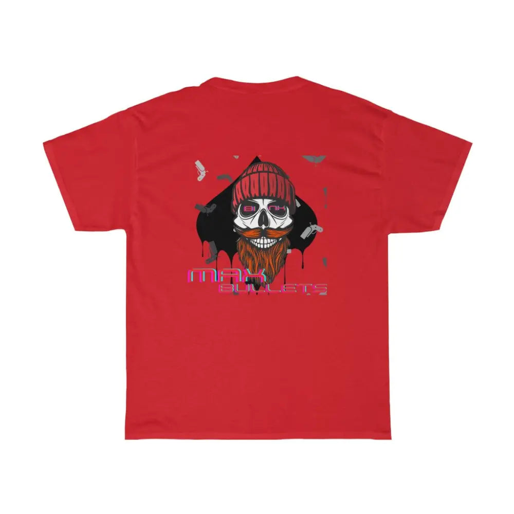 Detailed back design of the GoG Max Bullets Poker T-Shirt, showcasing a skull with a beard wearing a beanie and the phrase ‘Max Bullets,’ representing the fearless mindset of a poker player. Ideal poker apparel for those who take risks and play to win