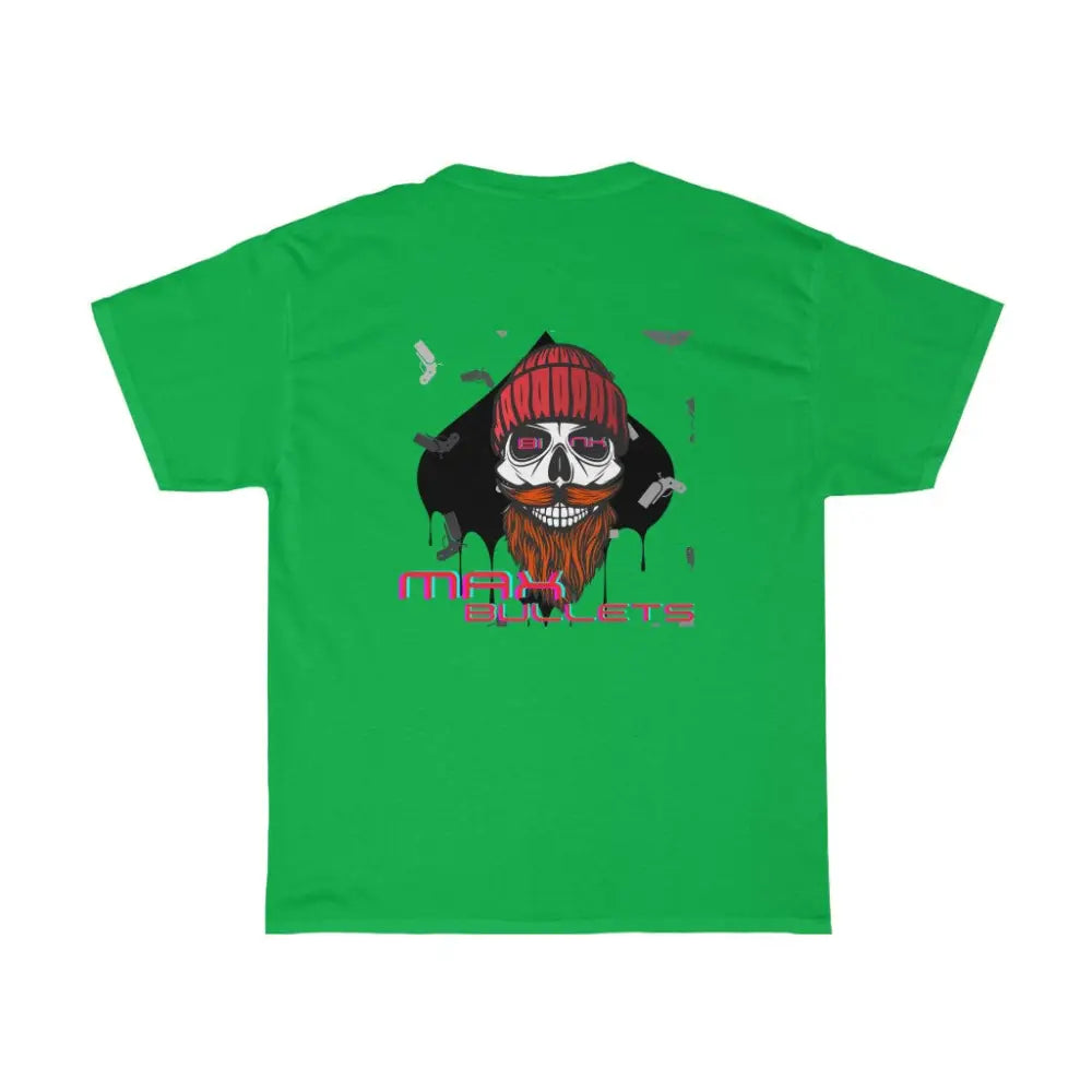Detailed back design in neon green of the GoG Max Bullets Poker T-Shirt, showcasing a skull with a beard wearing a beanie and the phrase ‘Max Bullets,’ representing the fearless mindset of a poker player. Ideal poker apparel for those who take risks and play to win