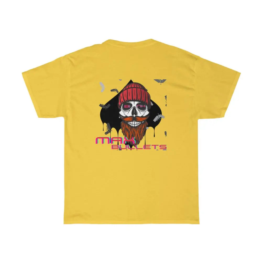 Detailed back design in yellow of the GoG Max Bullets Poker T-Shirt, showcasing a skull with a beard wearing a beanie and the phrase ‘Max Bullets,’ representing the fearless mindset of a poker player. 