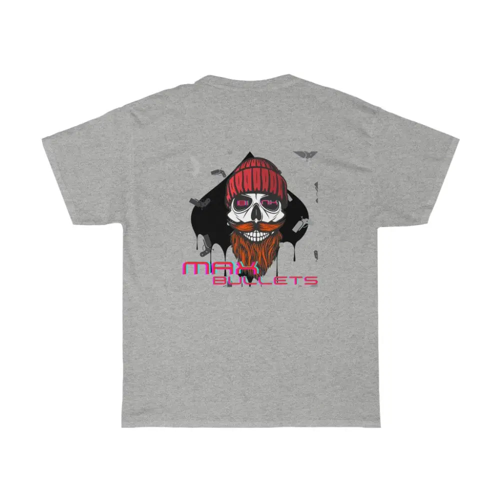 Detailed back design in grey of the GoG Max Bullets Poker T-Shirt, showcasing a skull with a beard wearing a beanie and the phrase ‘Max Bullets,’ representing the fearless mindset of a poker player. Ideal poker apparel for those who take risks and play to win