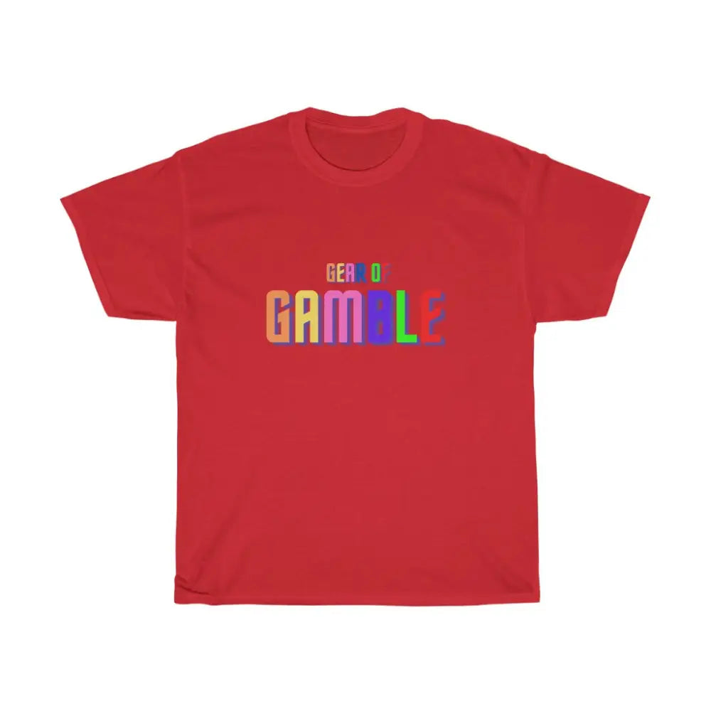 Red poker t-shirt featuring the bold Gear of Gamble logo on the front, crafted from soft cotton for a comfortable fit. Perfect poker clothing for players who love to represent their passion for the game