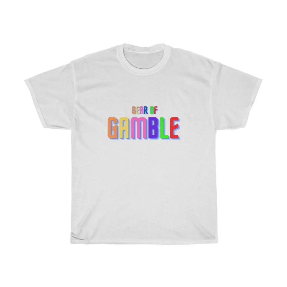 White  poker t-shirt featuring the bold Gear of Gamble logo on the front, crafted from soft cotton for a comfortable fit. Perfect poker clothing for players who love to represent their passion for the game