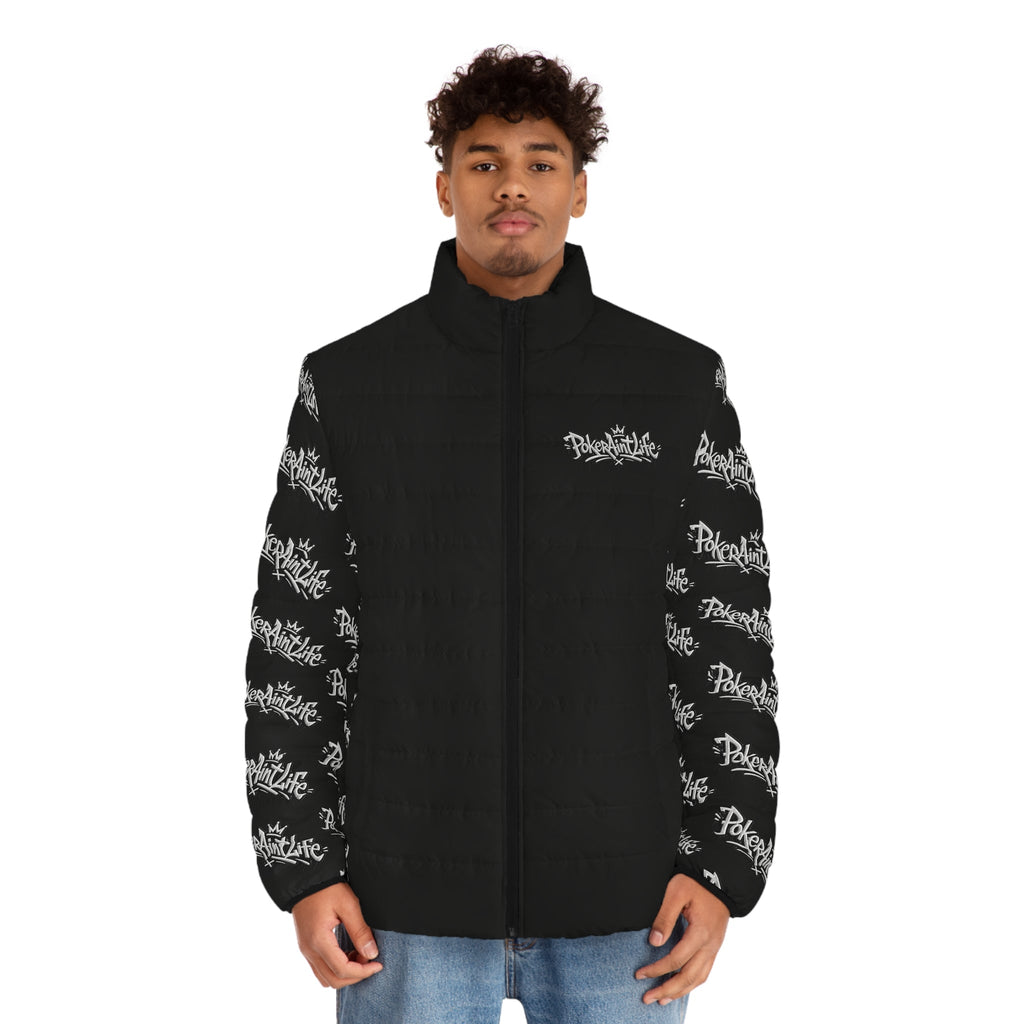 Men’s Puffer Jacket, Black All-Over Logo Sleeve Puffer - All Over Prints