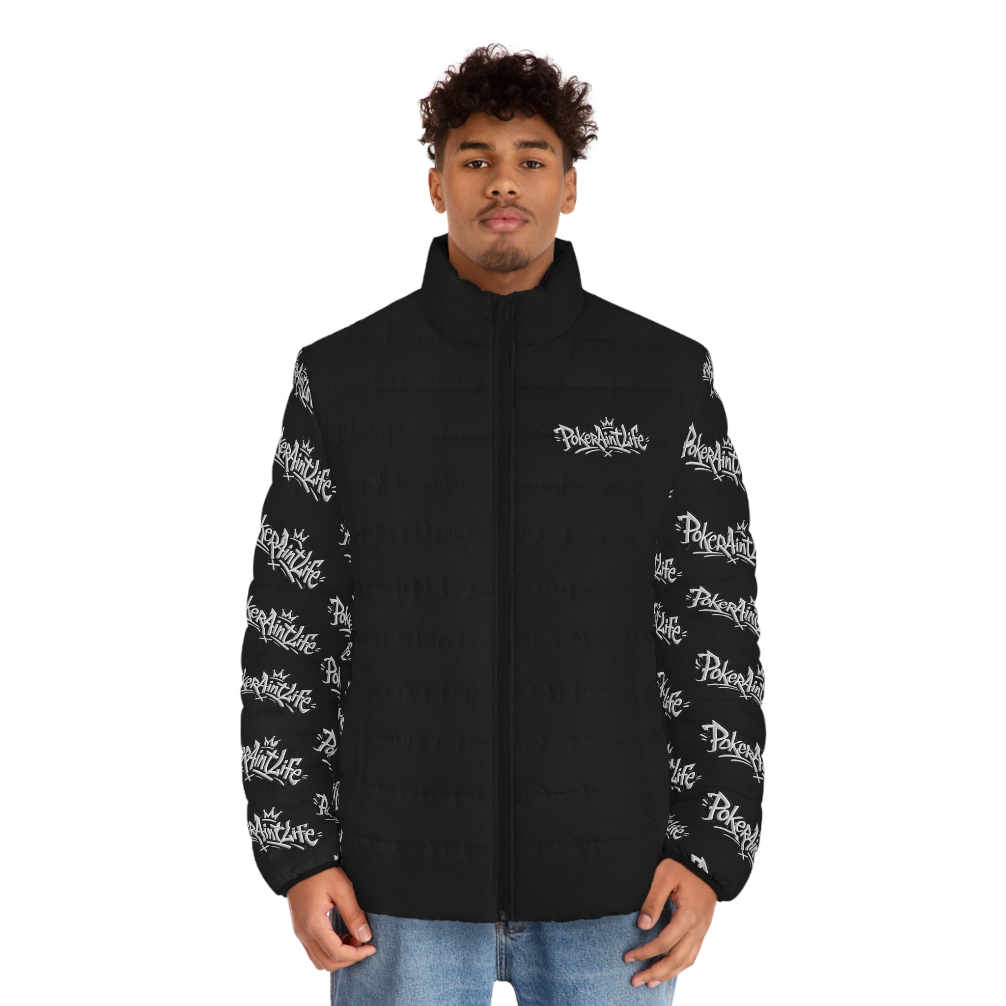 Men’s Puffer Jacket, Black All-Over Logo Sleeve Puffer - All Over Prints
