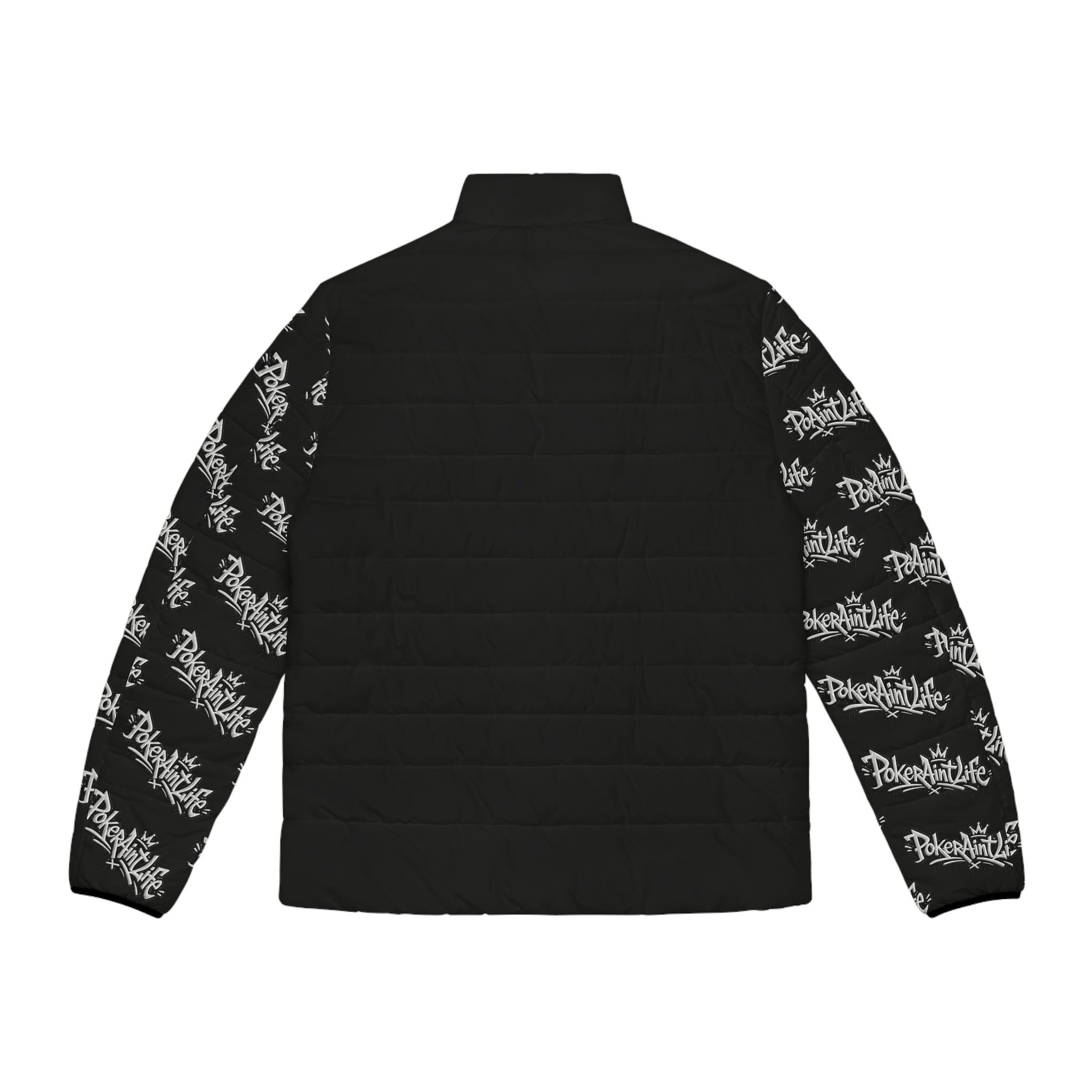 Men’s Puffer Jacket, Black All-Over Logo Sleeve Puffer - All Over Prints