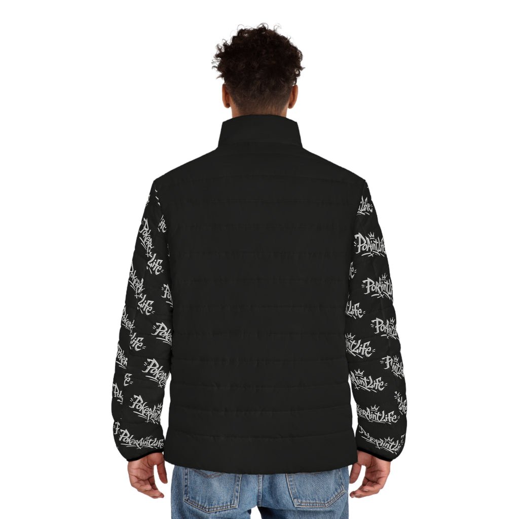Men’s Puffer Jacket, Black All-Over Logo Sleeve Puffer - All Over Prints