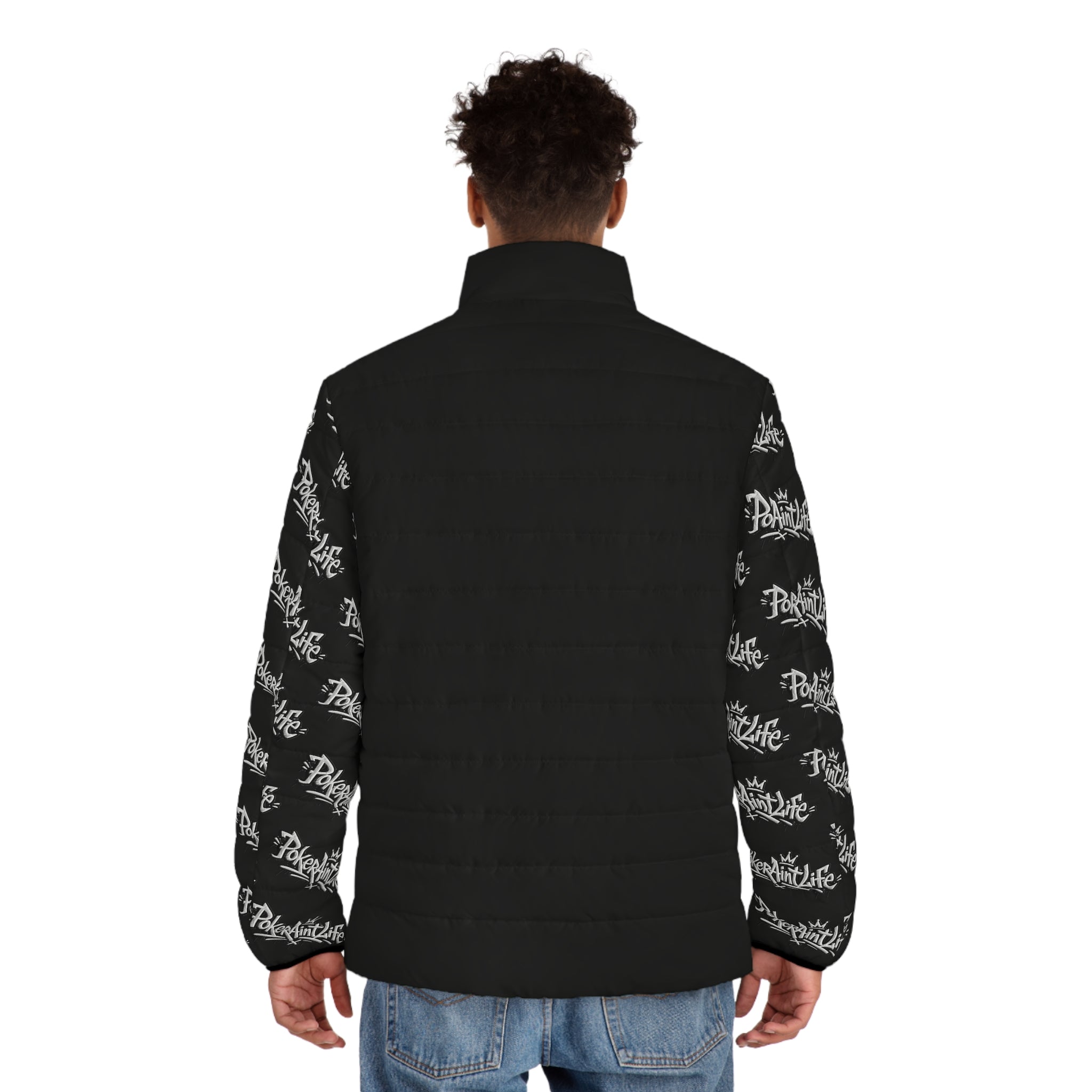 Men’s Puffer Jacket, Black All-Over Logo Sleeve Puffer - All Over Prints