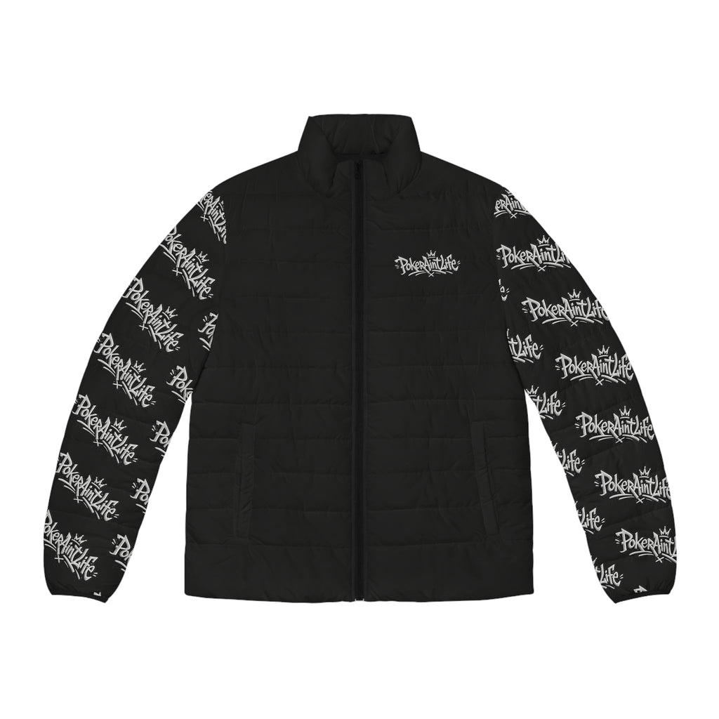 Men’s Puffer Jacket, Black All-Over Logo Sleeve Puffer - S / Black zipper - All Over Prints