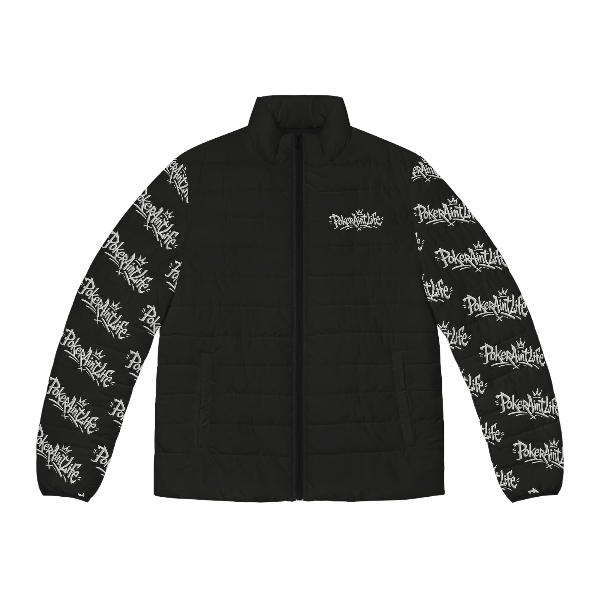 Men’s Puffer Jacket, Black All-Over Logo Sleeve Puffer - S / Black zipper - All Over Prints