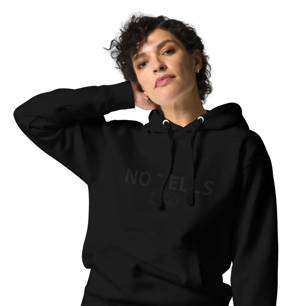 Embroidered "NO TELLS" poker hoodie – high-quality poker apparel for serious cash game and tournament players.