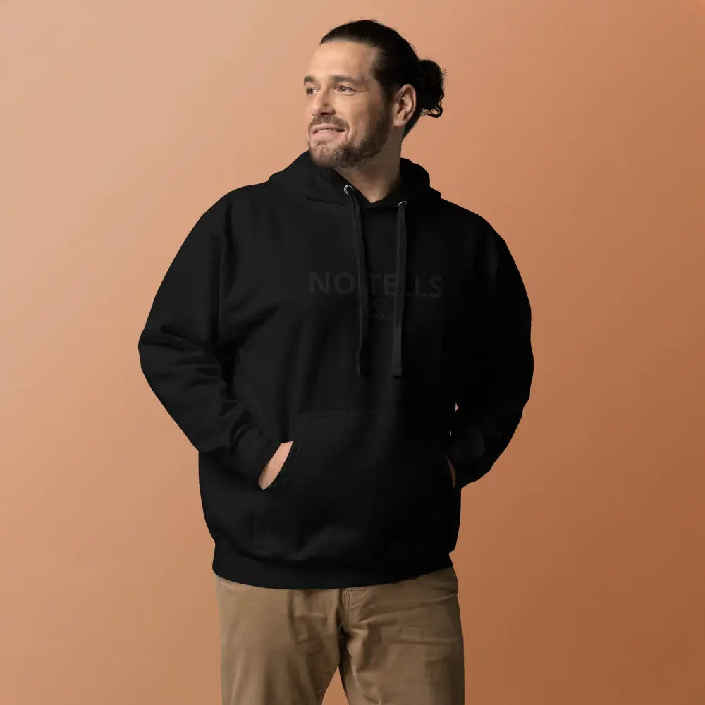 Embroidered "NO TELLS" poker hoodie – high-quality poker apparel for serious cash game and tournament players.