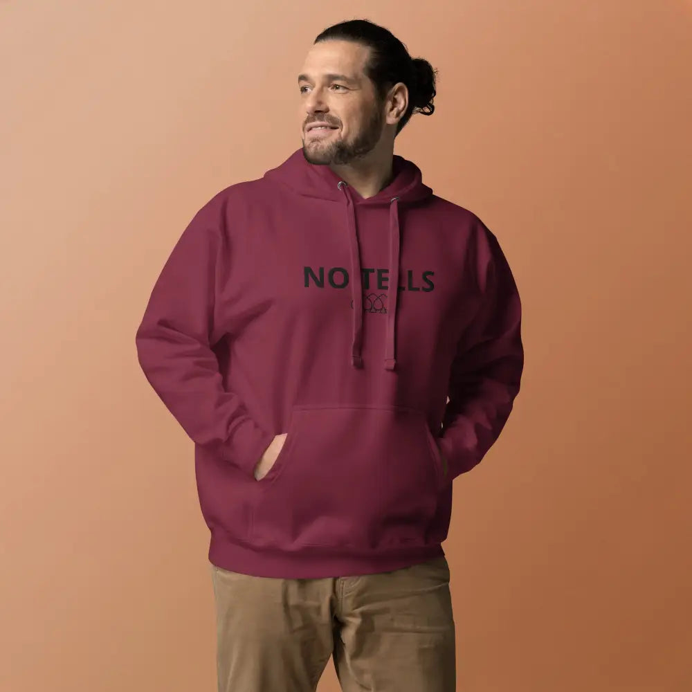 Embroidered "NO TELLS" poker hoodie – high-quality poker apparel for serious cash game and tournament players.