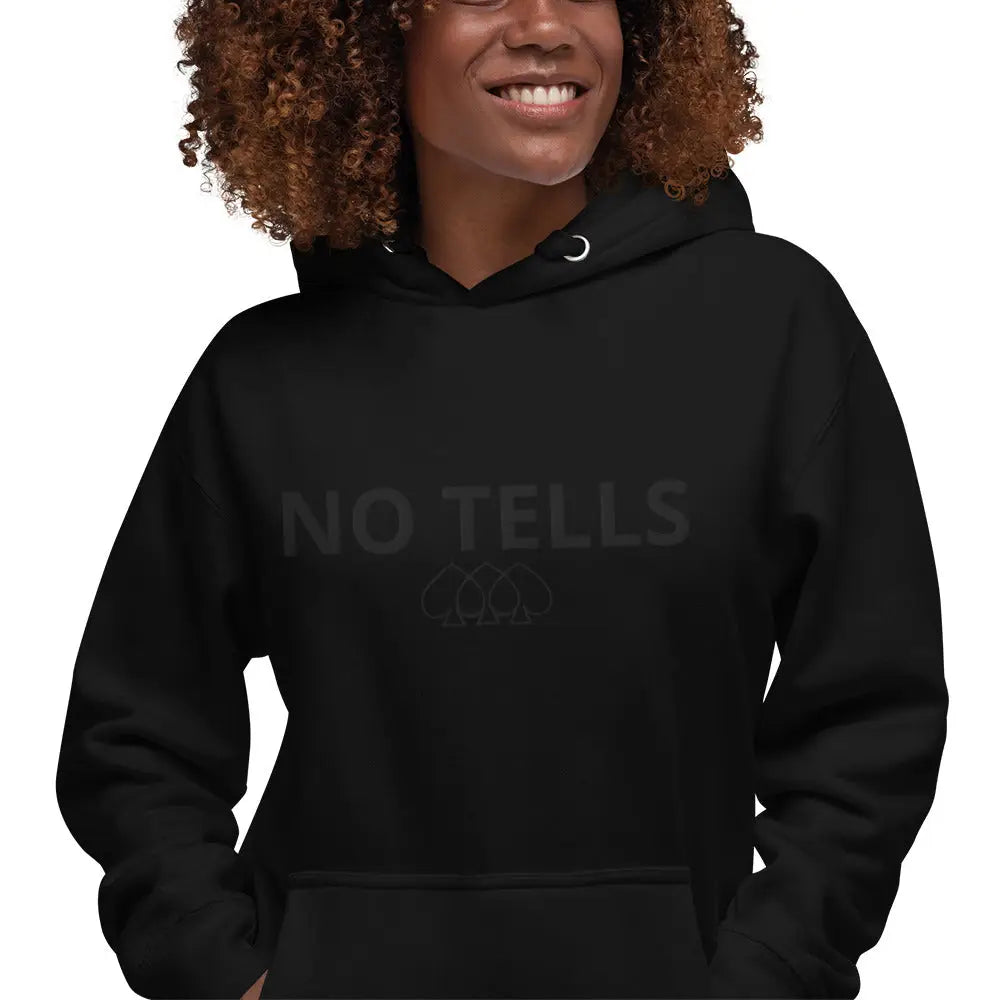 Embroidered "NO TELLS" poker hoodie – high-quality poker apparel for serious cash game and tournament players.