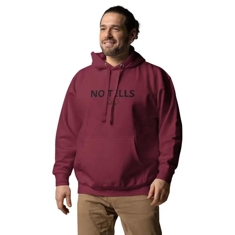 Embroidered "NO TELLS" poker hoodie – high-quality poker apparel for serious cash game and tournament players.