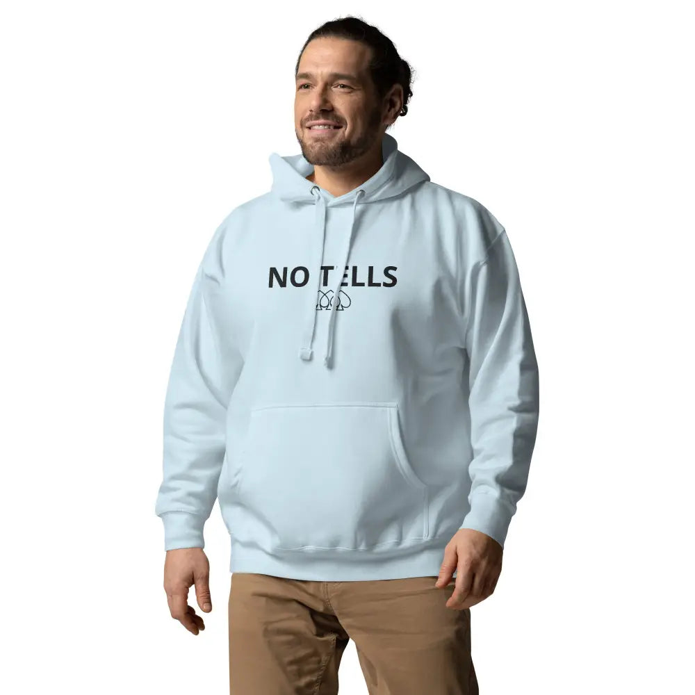 Embroidered "NO TELLS" poker hoodie – high-quality poker apparel for serious cash game and tournament players.