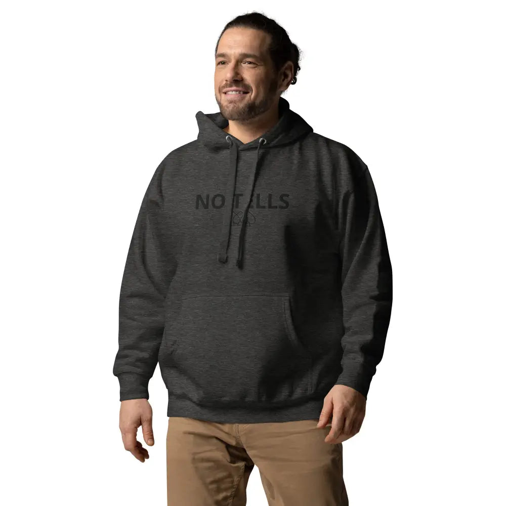 Embroidered "NO TELLS" poker hoodie – high-quality poker apparel for serious cash game and tournament players.
