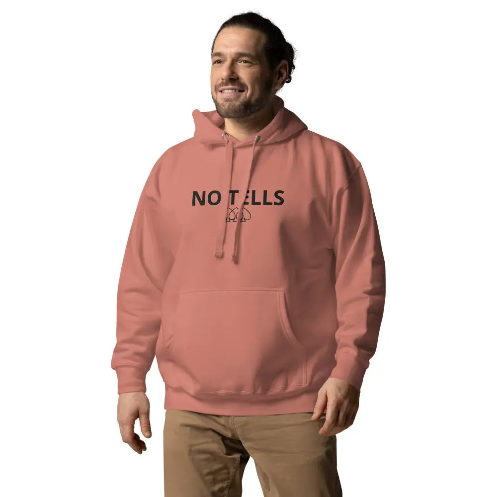 Embroidered "NO TELLS" poker hoodie – high-quality poker apparel for serious cash game and tournament players.