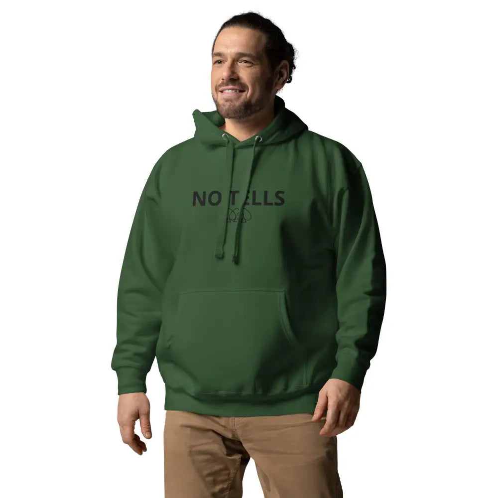 Embroidered "NO TELLS" poker hoodie – high-quality poker apparel for serious cash game and tournament players.