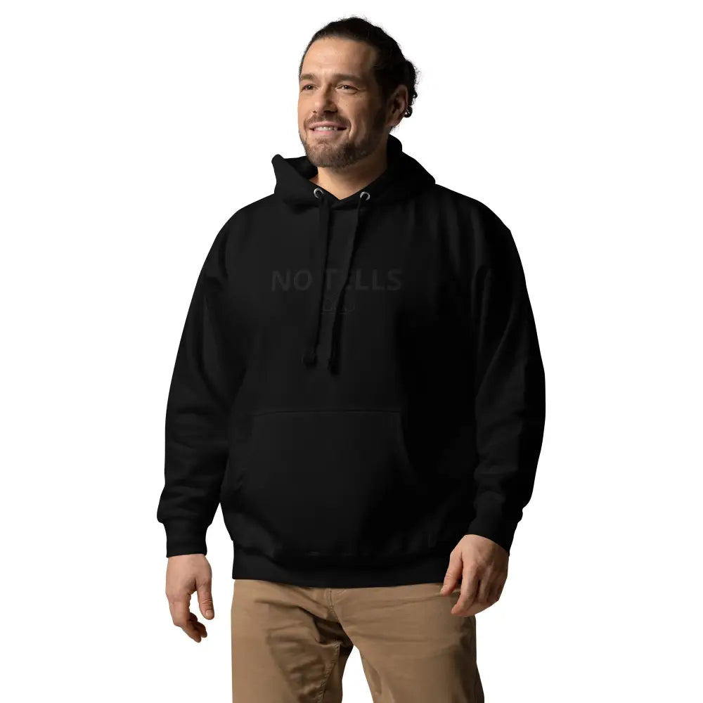 Embroidered "NO TELLS" poker hoodie – high-quality poker apparel for serious cash game and tournament players.