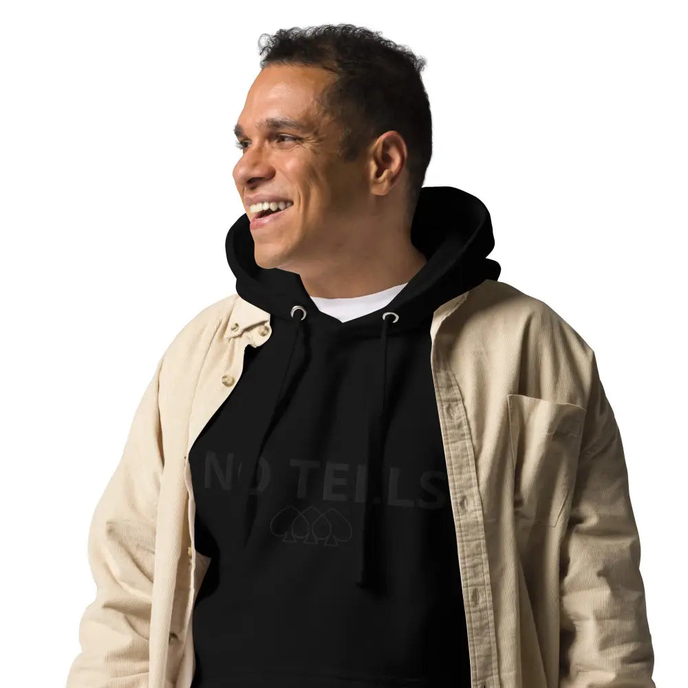 Embroidered "NO TELLS" poker hoodie – high-quality poker apparel for serious cash game and tournament players.