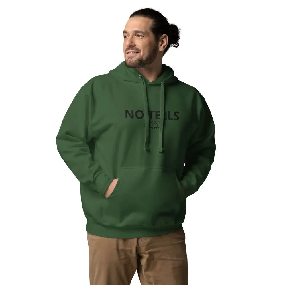 Embroidered "NO TELLS" poker hoodie – high-quality poker apparel for serious cash game and tournament players.
