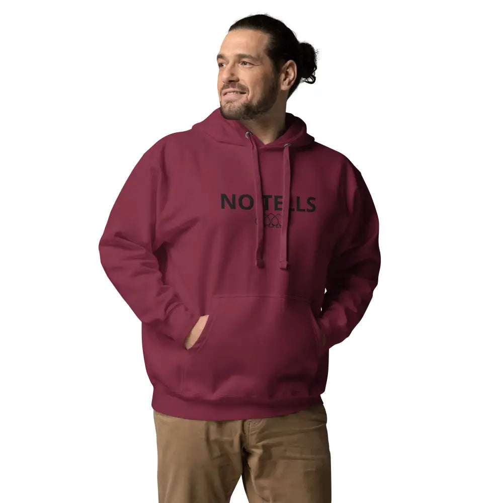 Embroidered "NO TELLS" poker hoodie – high-quality poker apparel for serious cash game and tournament players.