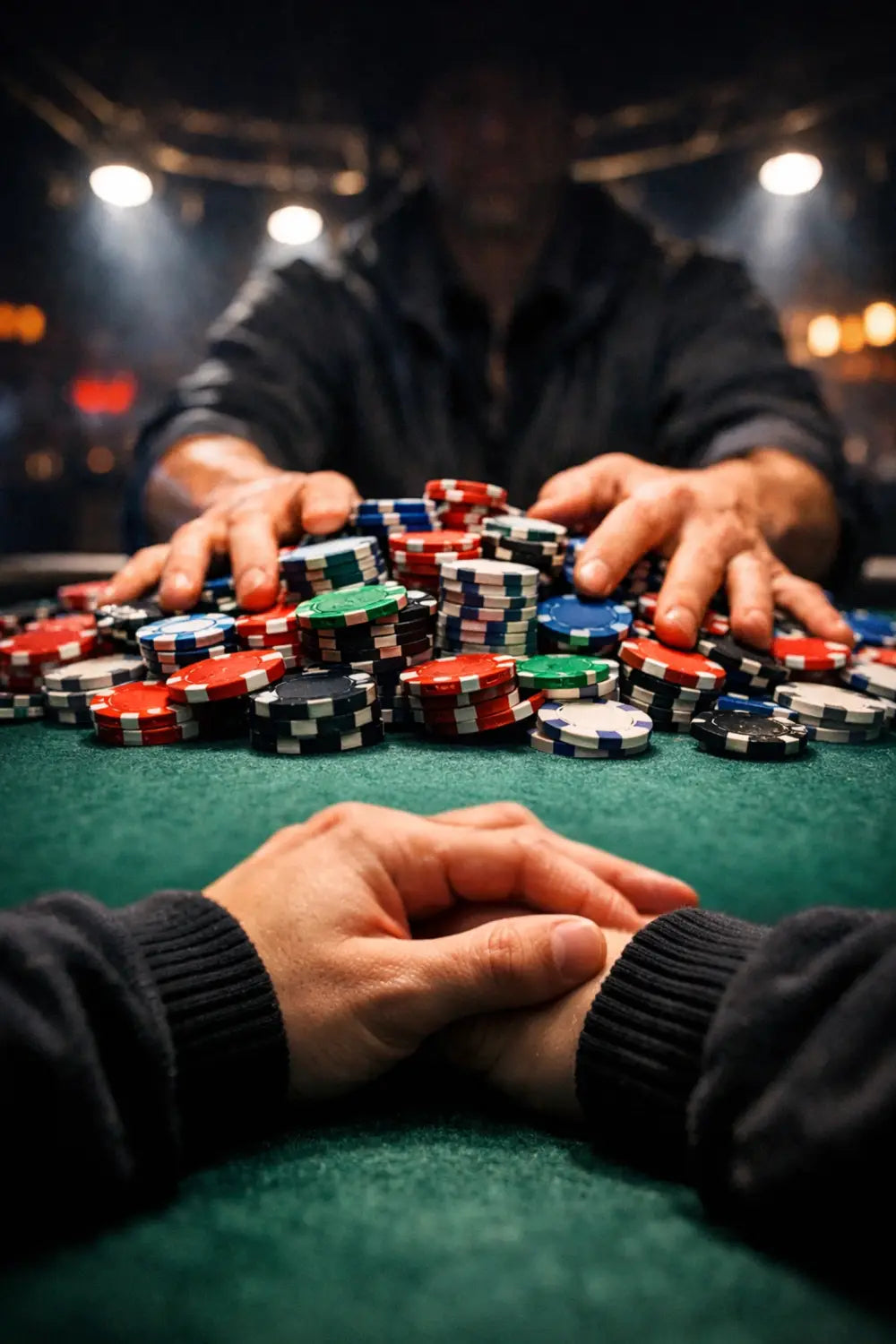 Casino dealer pushing winning chips to a player wearing a Gear of Gamble poker hoodie