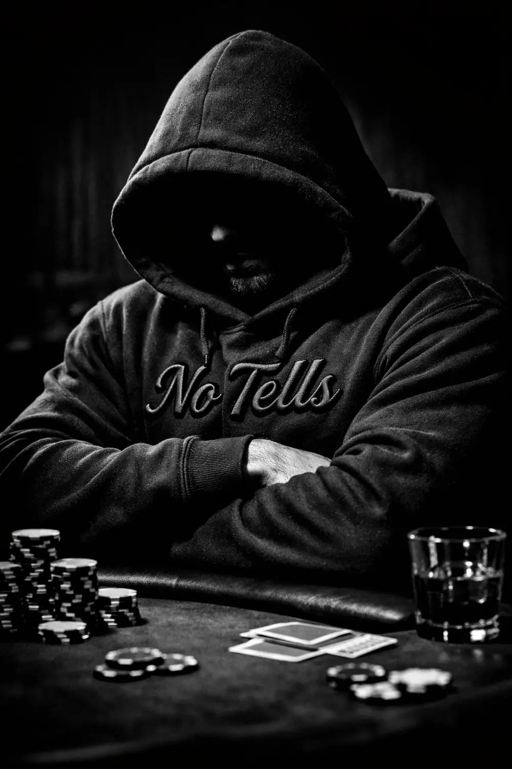 Pro player wearing NO TELLS black poker hoodie by Gear of Gamble at the poker table