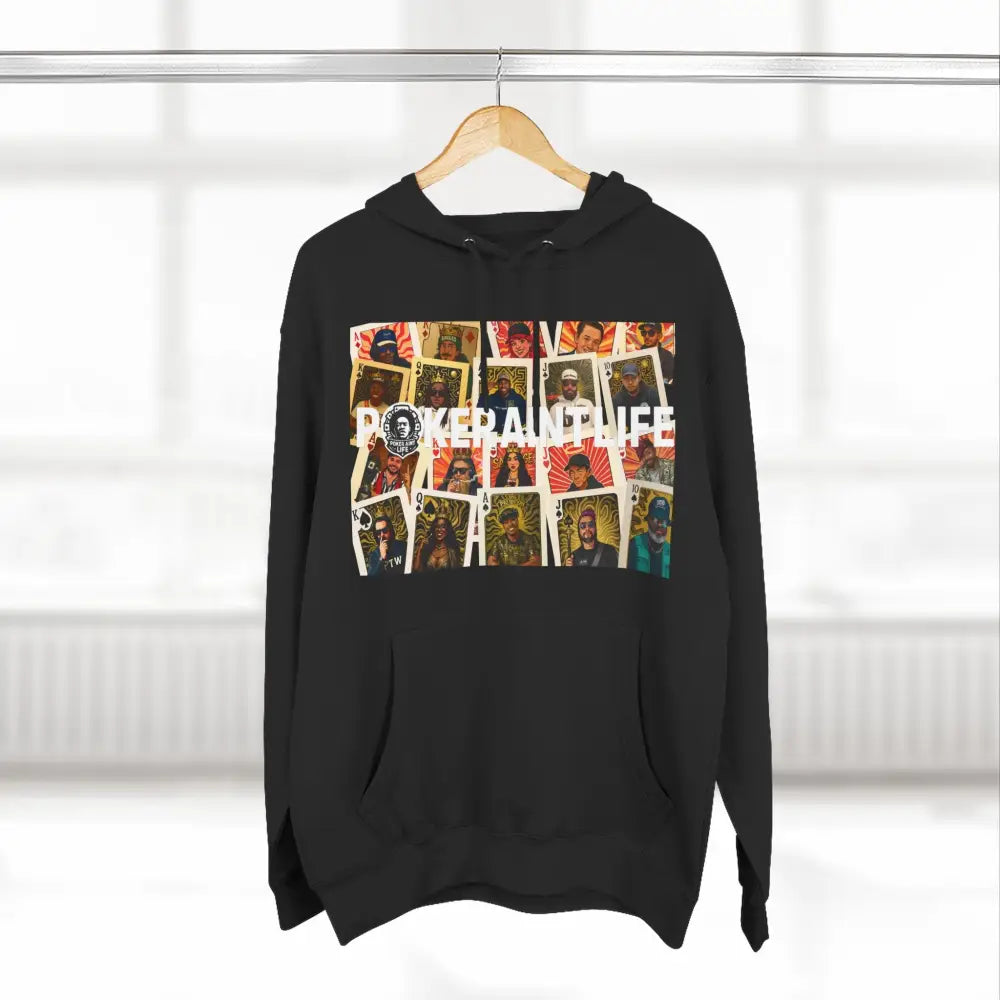 Premium black poker hoodie featuring "PokerAintLife" graphic – streetwear for poker players and grinders.