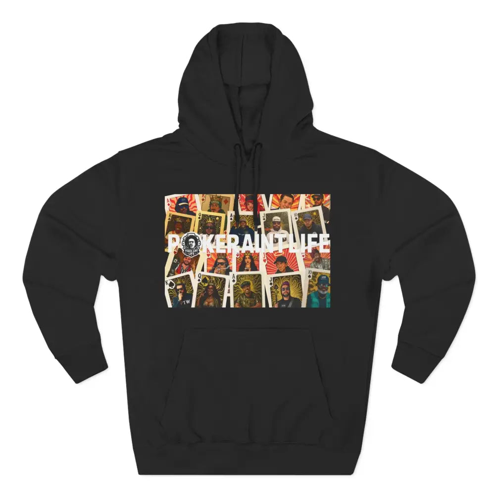 Premium black poker hoodie featuring "PokerAintLife" graphic – streetwear for poker players and grinders.