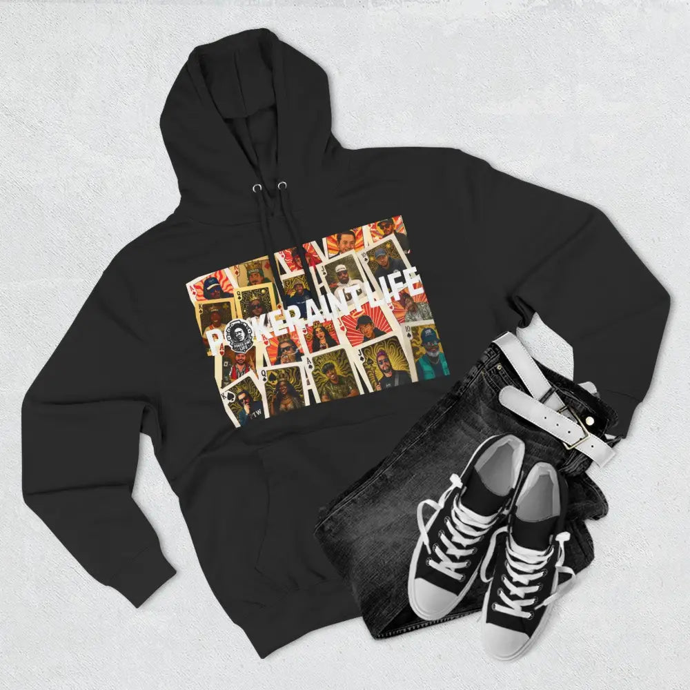 Premium black poker hoodie featuring "PokerAintLife" graphic – streetwear for poker players and grinders.