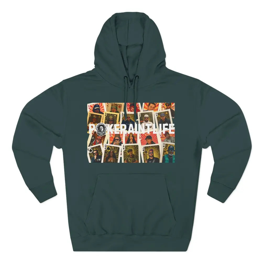 Green hoodie with a graphic design on a white background
