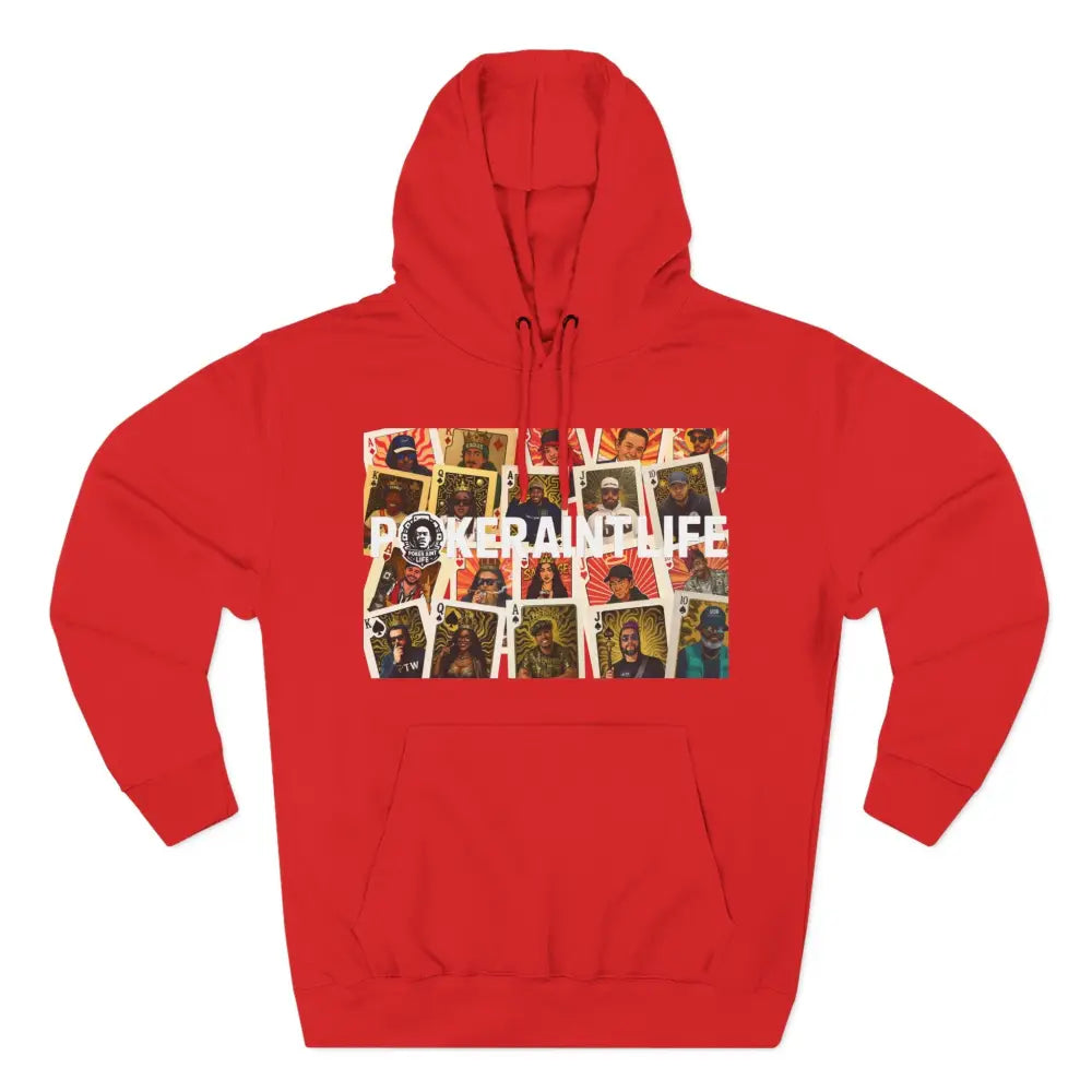 Premium red poker hoodie featuring "PokerAintLife" graphic – streetwear for poker players and grinders.
