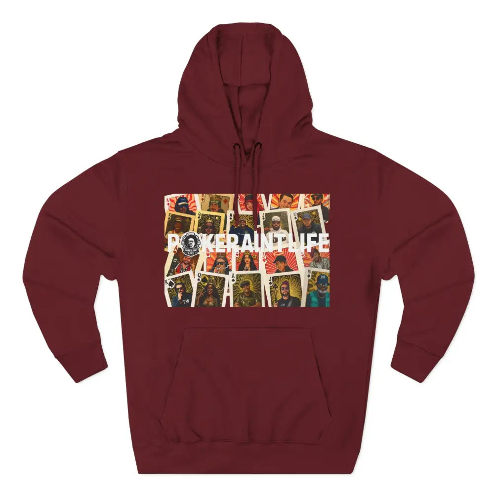 Premium maroon poker hoodie featuring "PokerAintLife" graphic – streetwear for poker players and grinders.