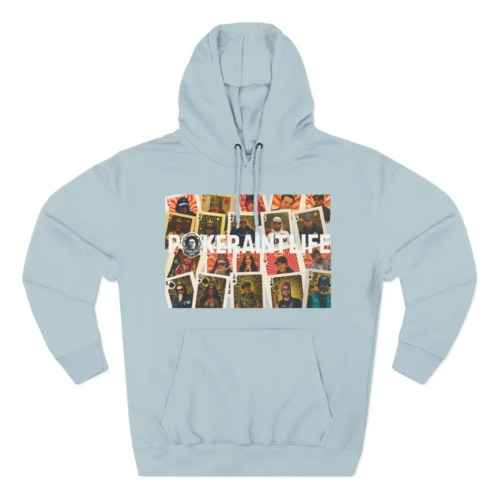 Light blue hoodie with a graphic design on the chest against a white background