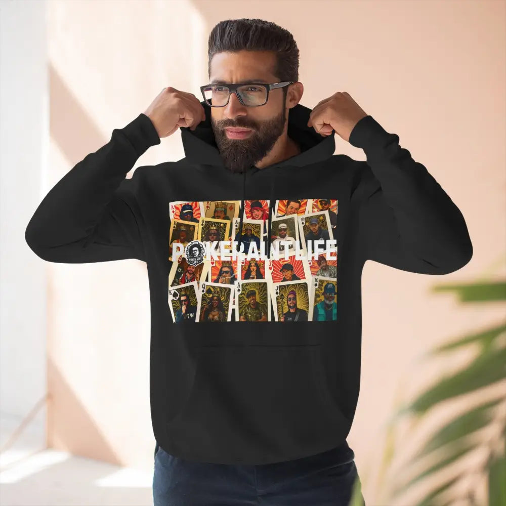 Premium black poker hoodie featuring "PokerAintLife" graphic – streetwear for poker players and grinders.