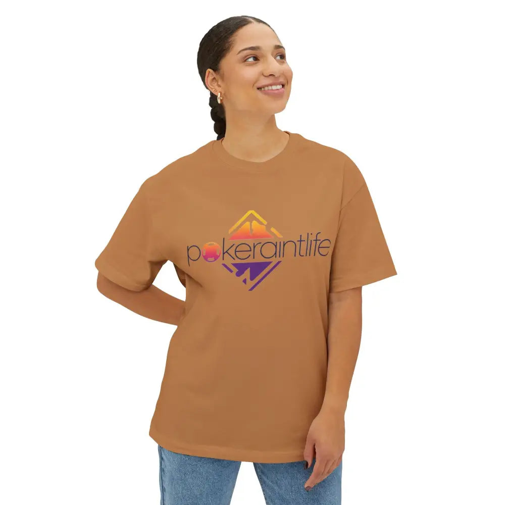 Person wearing a brown t-shirt with a green graphic design on a white background