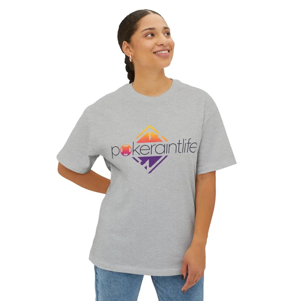 Person wearing a gray t-shirt with a colorful logo and text on a white background