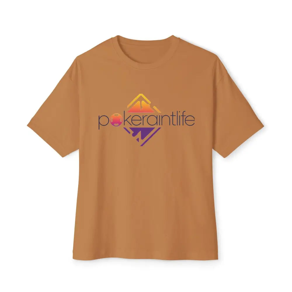 Brown t-shirt with 'pokeraintlife' logo on a white background