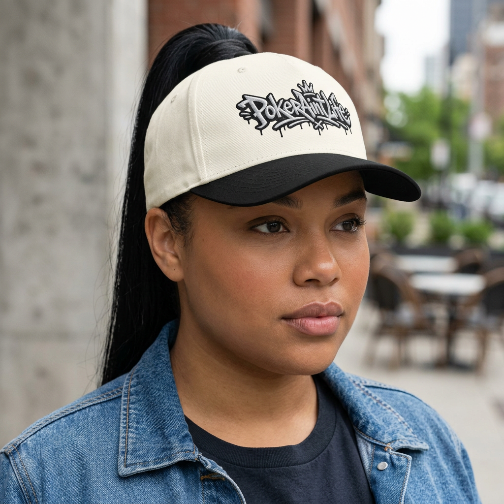 Poker Ain't Life embroidered two-tone poker cap in natural and black